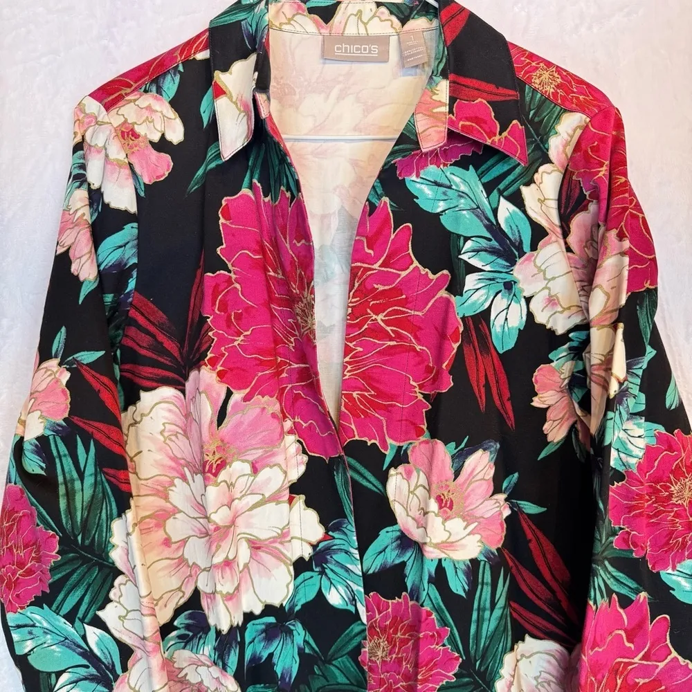 Chico’s Open Front Blazer Jacket Black Burgundy Pink Green Metallic Gold Floral - Image 3