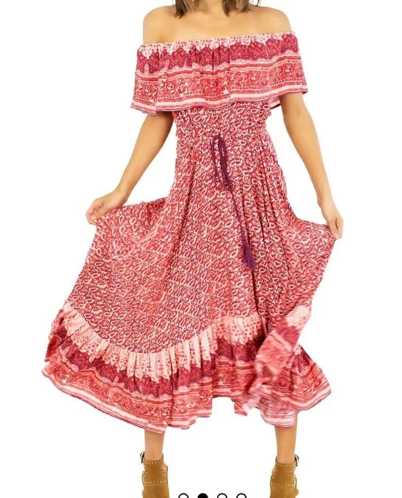 Nightcap Clothing Samba Gown Sunrise Print Red Pink Smocked Waist Tassel Size 2 - Image 2