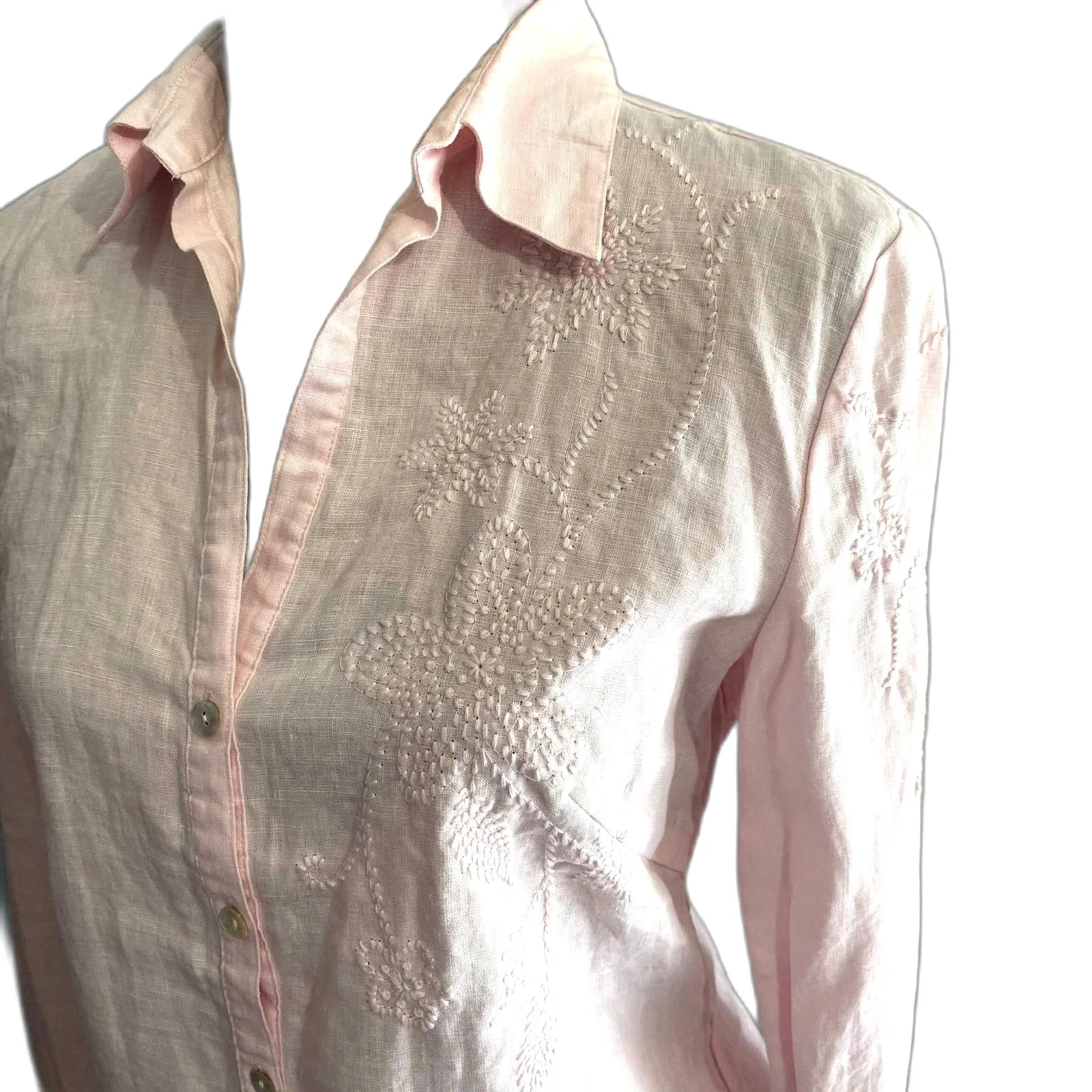 Ecologie 100% Linen Button Down Shirt Baby Pink Floral Embroidered Size Small‎ - Image 2