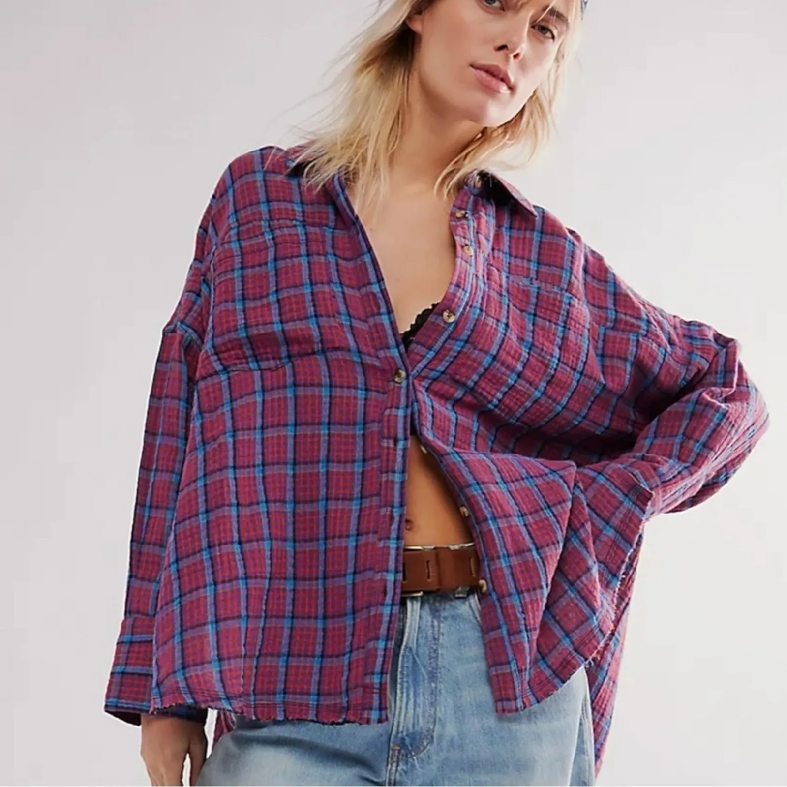 Free People Oversized Bohemian Grunge Fall Cardiff Plaid Swing Top Shirt Medium - Image 8