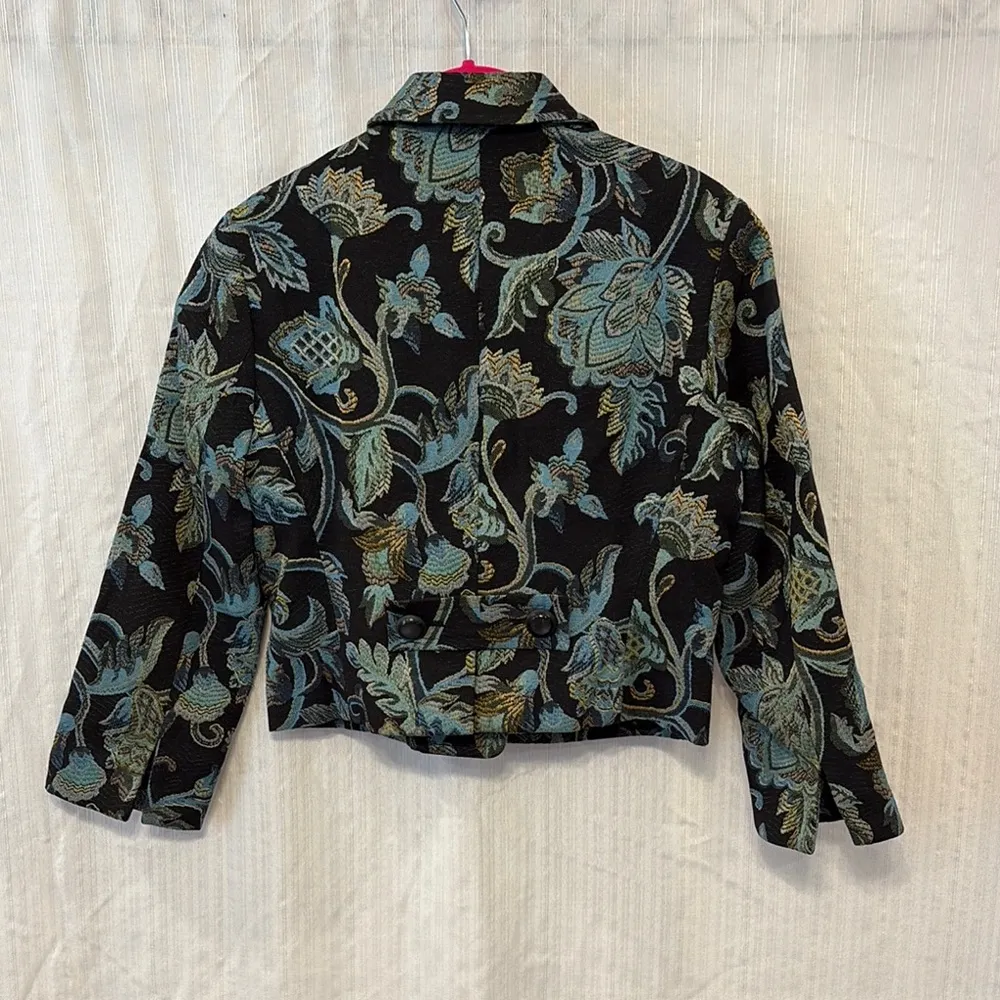 Vintage Floral Patterned Tapestry Jacket Black Size 4 - Image 3
