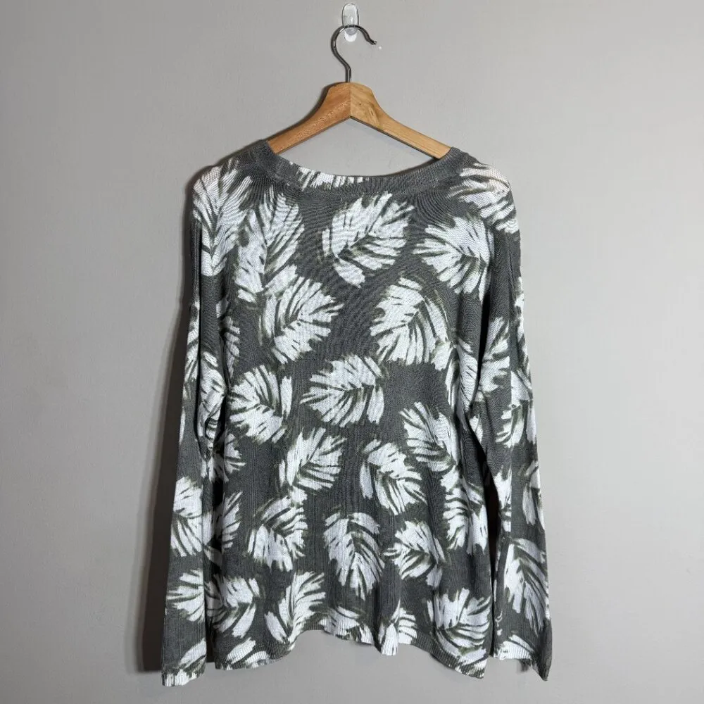 J.Jill  Linen Palm Leaf Print Sweater Pullover Women's Medium Green Tropical - Image 3