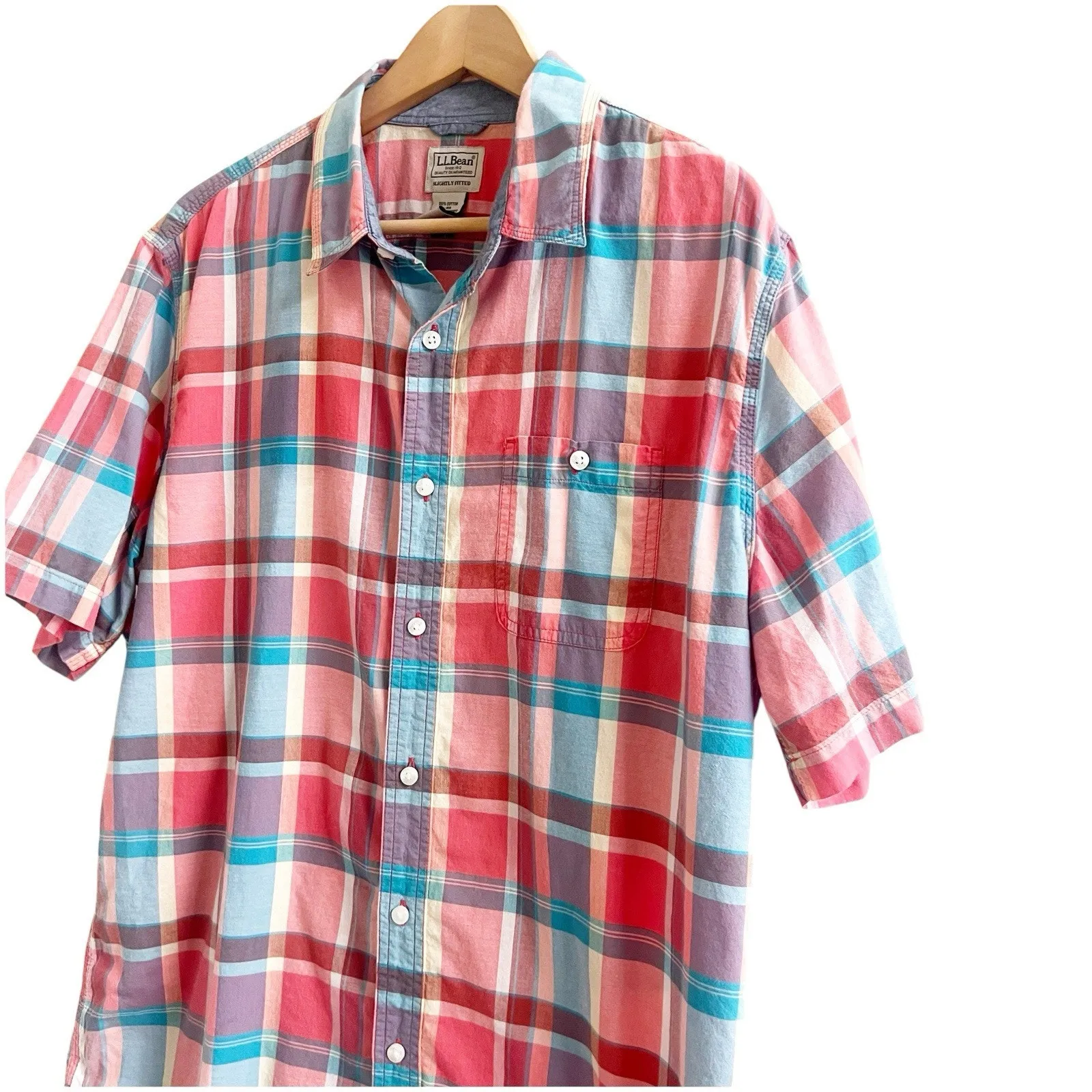 L.L. Bean Men’s Vintage Plaid Button Down Short Sleeve Size Large Regular Red - Image 5