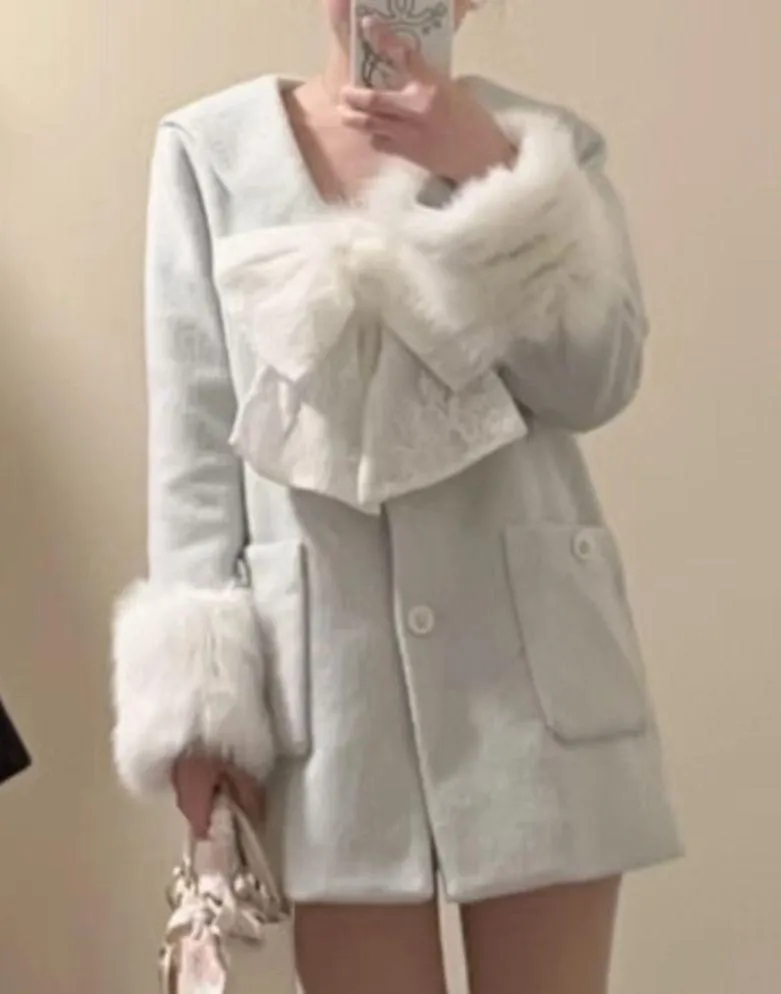 Japanese Kawaii Gyaru Fuzzy Pastel Blue Winter Fur Buttoned Blazer Jacket Coat Size XS - Image 4