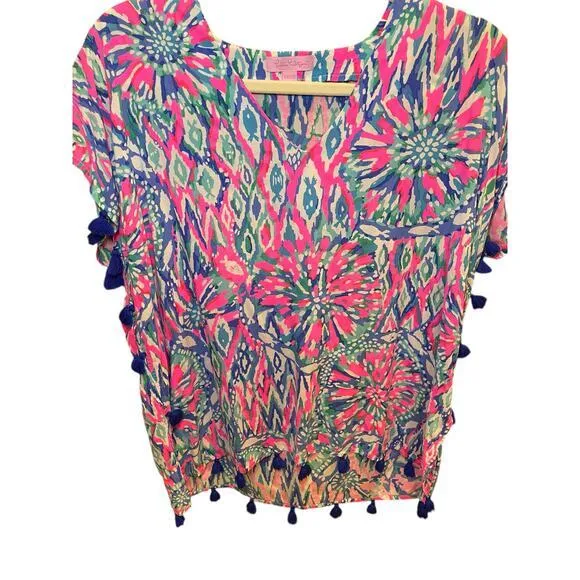 Lilly Pulitzer Women‎ XS Top Tunic Short Sleeve Sydney Caftan Pink Blue Tassels - Image 6