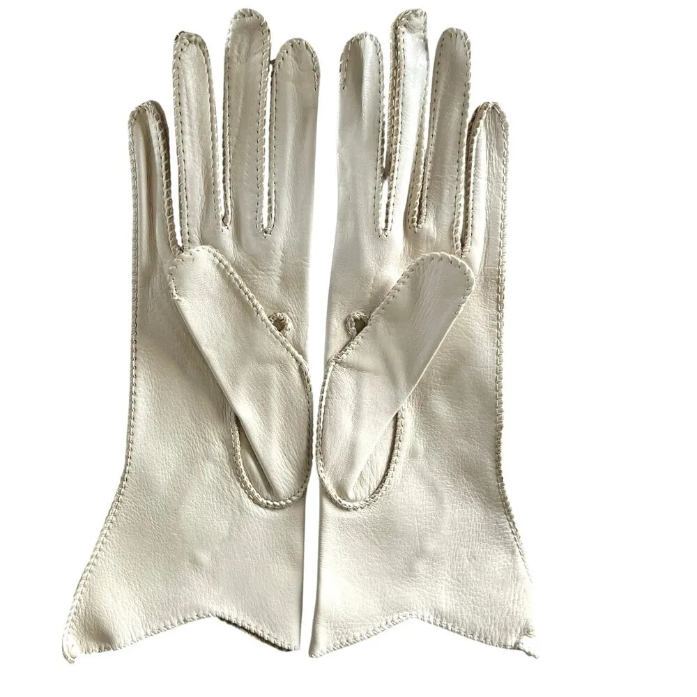 Vintage Ivory Cream Leather Gloves Sz 6.5 Rope Detail on Top, Original Sleeve - Image 3