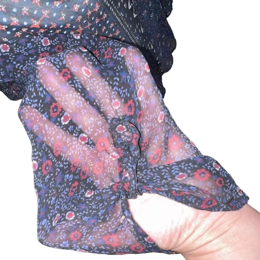 JOIE FLORAL SILK SHEER BLOUSE ROLL TAB SLEEVES BLUE Style J058-23088 Women‎ XS - Image 3