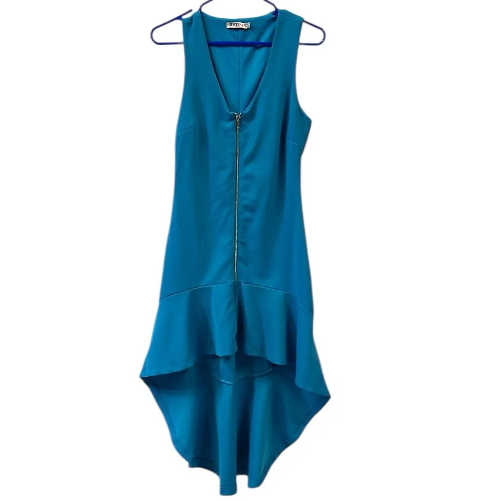 JustFab Zip Front High Low Blue Peplum Drop Waist Sleeveless Dress Womens M - Image 12