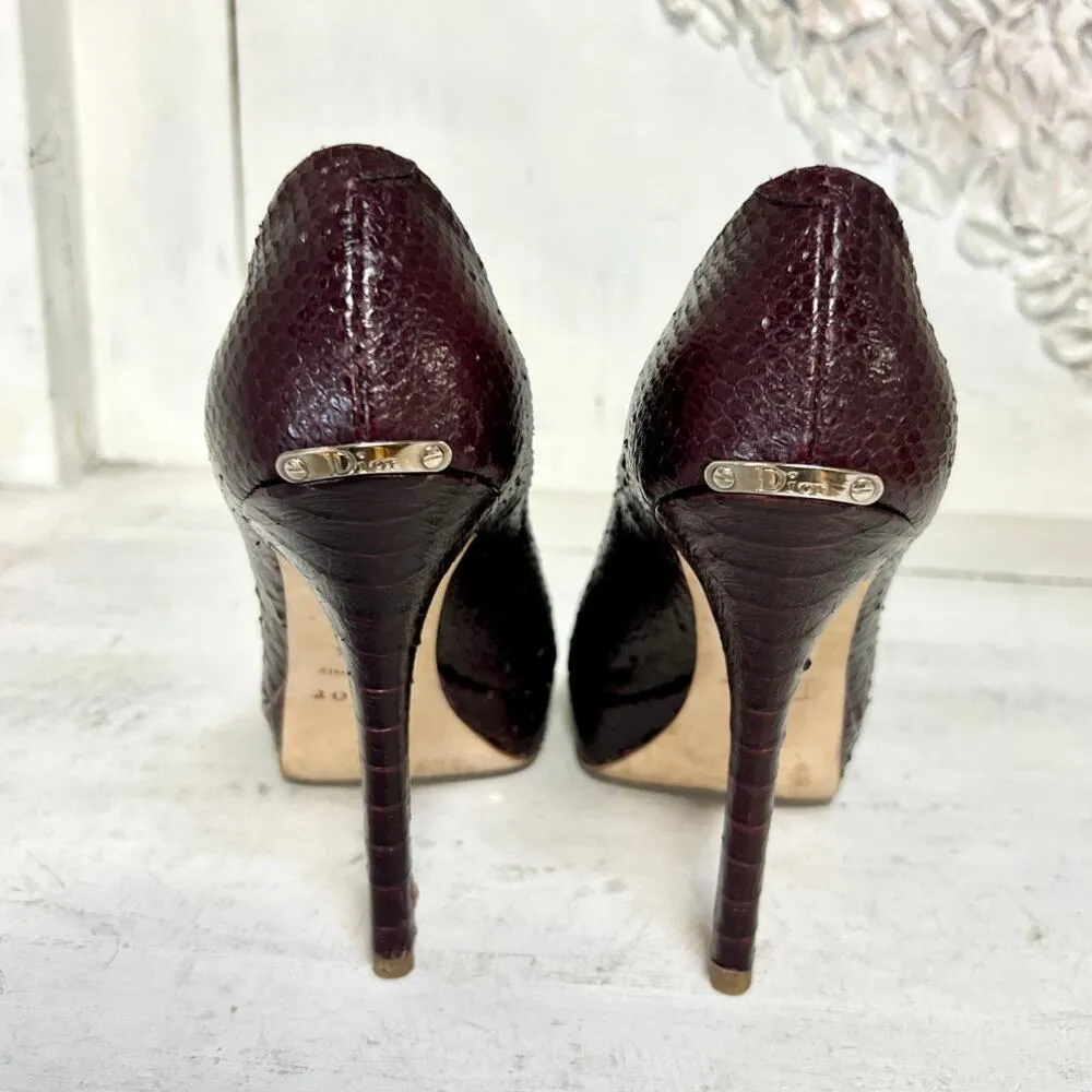Christian Dior Embossed Python Leather Peep Toe Pumps Purple Women Size 37.5 / 7 - Image 7