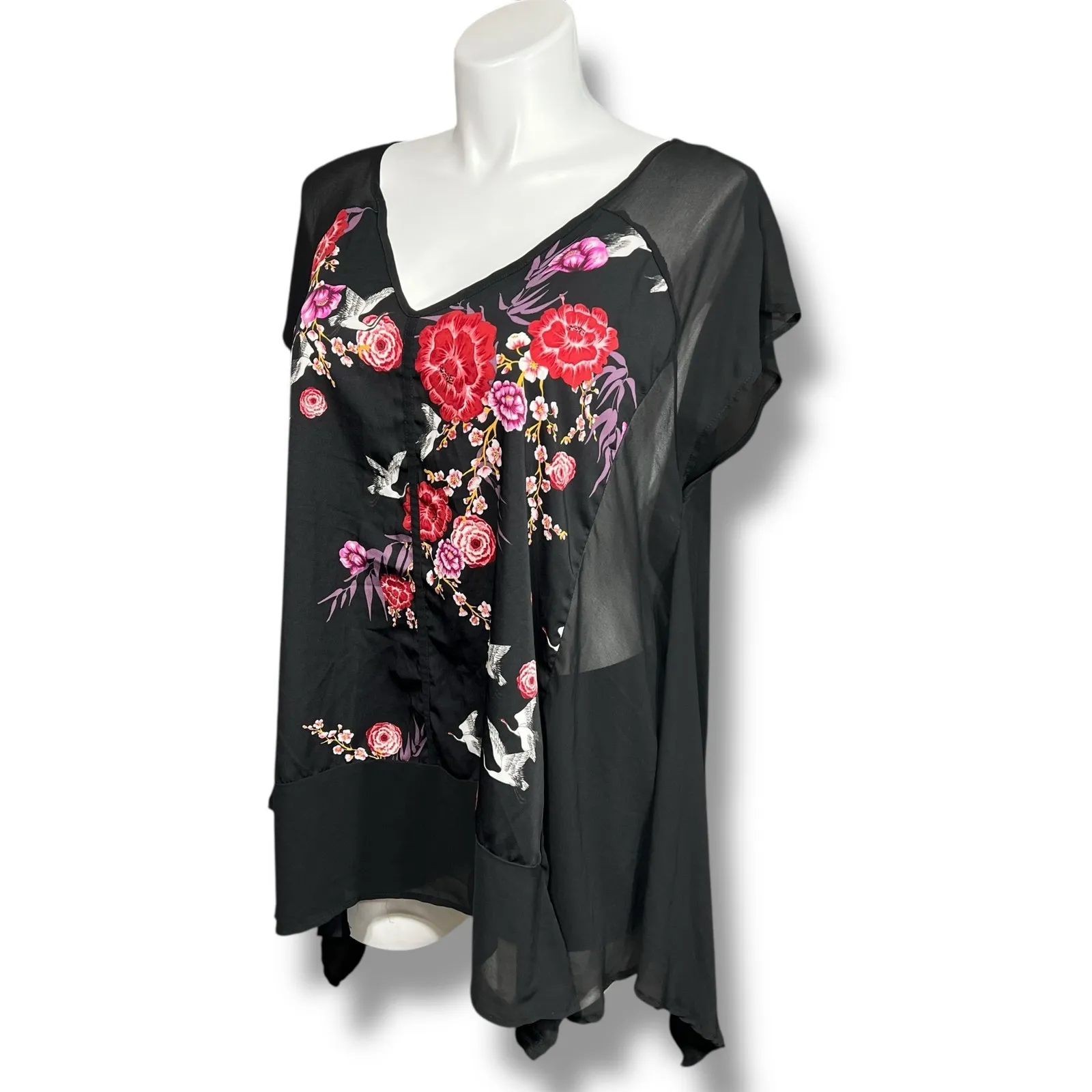 Torrid Womens Floral Print Chiffon Sharkbite Blouse Shirt Top Sheer Black Sz 2 - Image 6