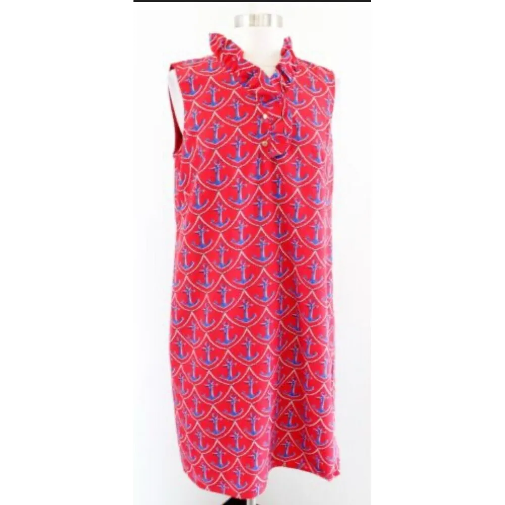 Talbots Red Blue Novelty Anchor Print Ruffle Neck Shift Dress Size 6 Gold Button - Image 3