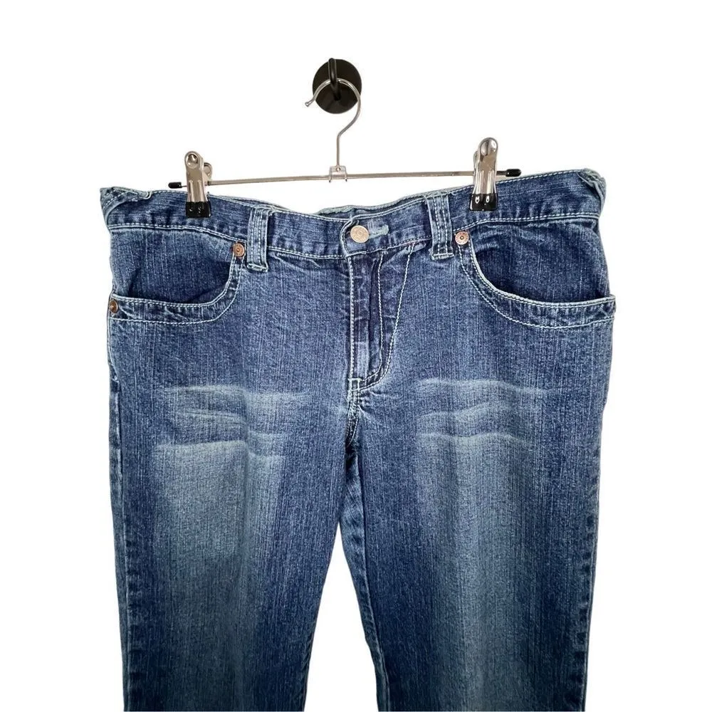 Metro 7 Low Rose Flare Jeans With Embroidery and Sequins On Bottom Blue Size 12 - Image 2