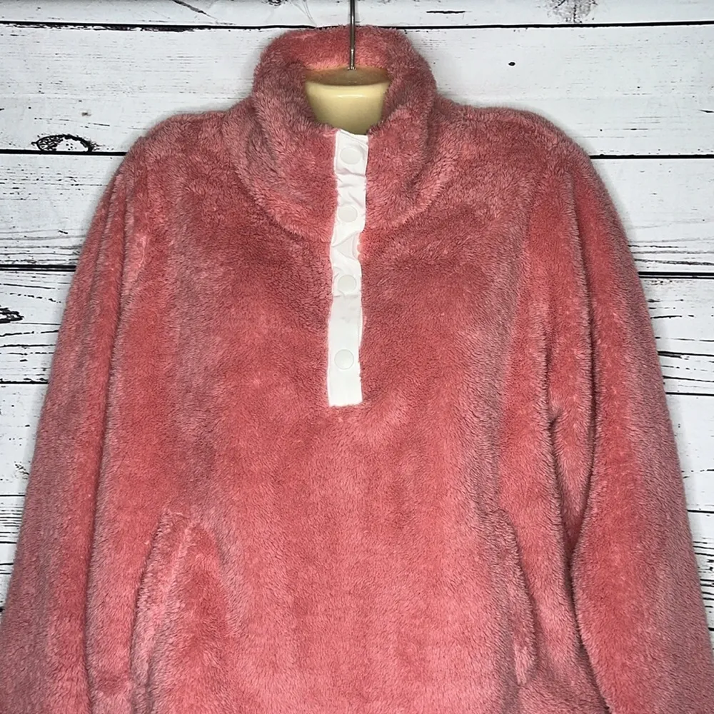 J. Crew Size L Rose Pink Faux Fur Henley Pullover Sweatshirt Jacket w/ Pockets - Image 3