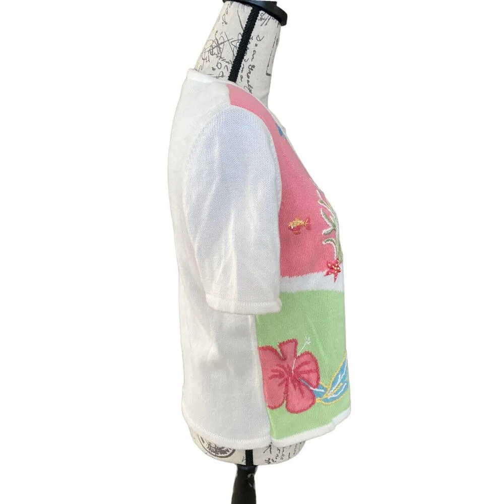 Koret Petite Short Sleeve Button Overlay Sweater Sea Life Shell Fish Small P Size undefined - Image 2