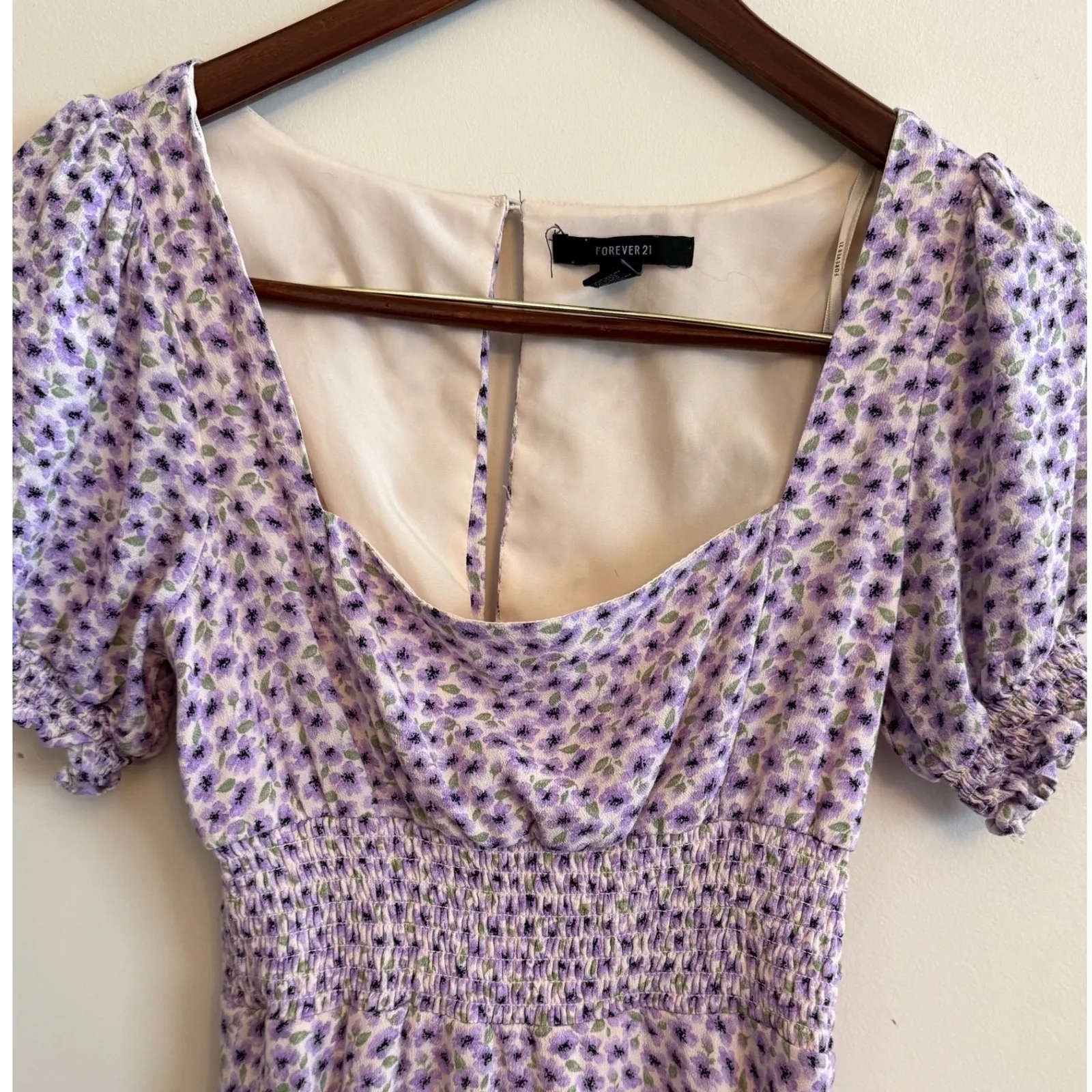 Forever 21 Floral Mini Dress Purple Puff Sleeve Smocked Waist Square Neck Size S - Image 3