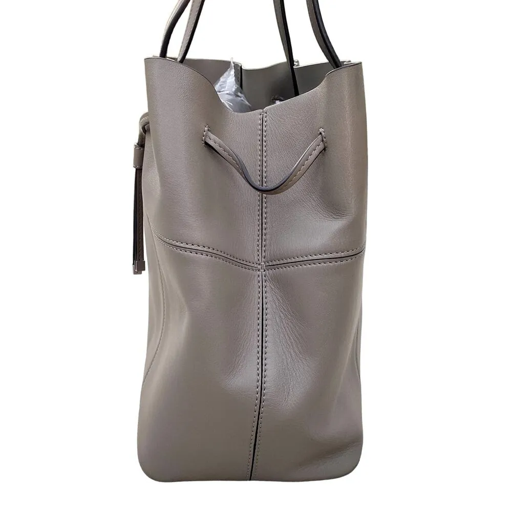 Tory Burch Block T Drawstring 100% Leather Tote Bucket Bag French Gray Handbag - Image 14
