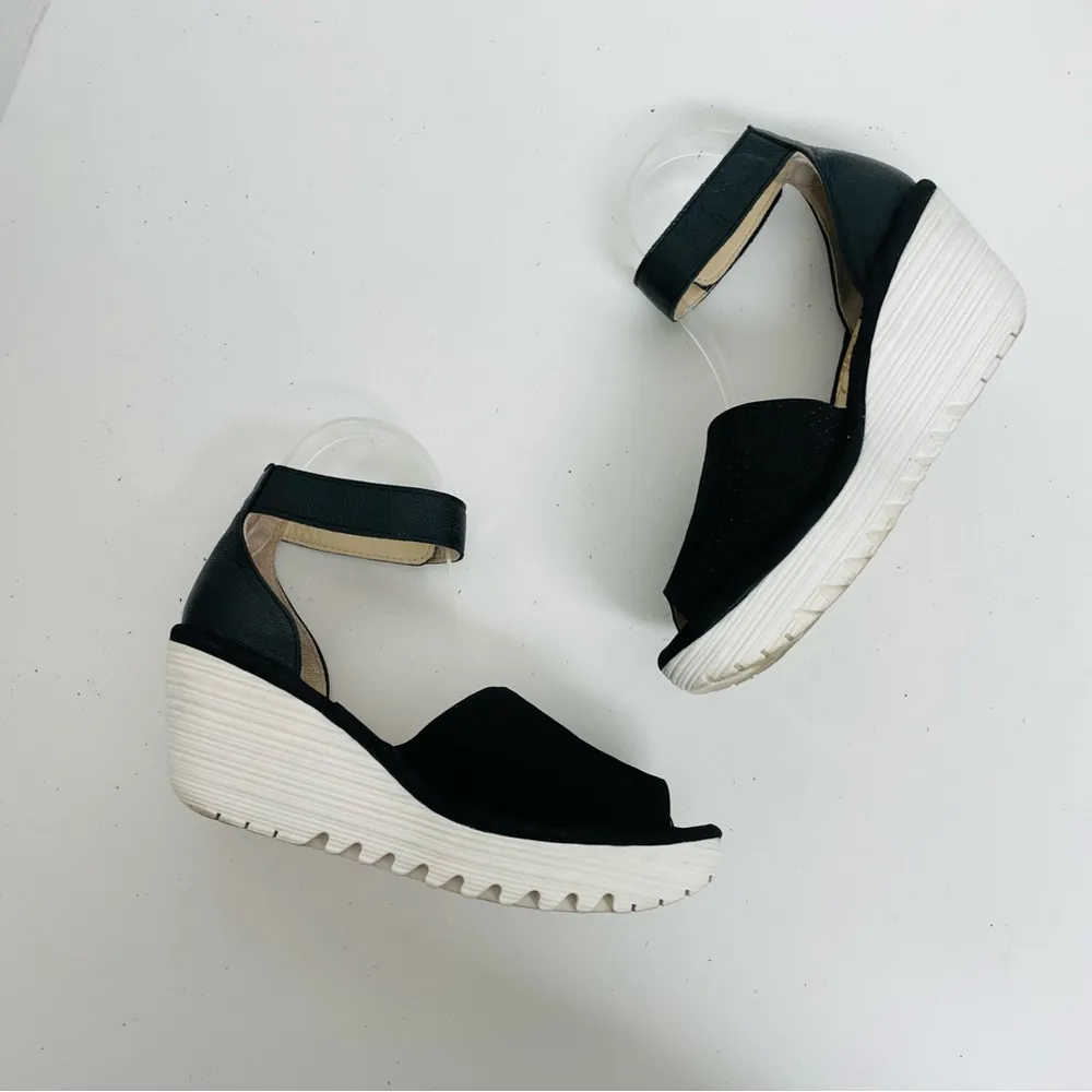 Fly London Sandals Yake Wedge Leather Perforated Ankle Comfort Travel Black - Image 5