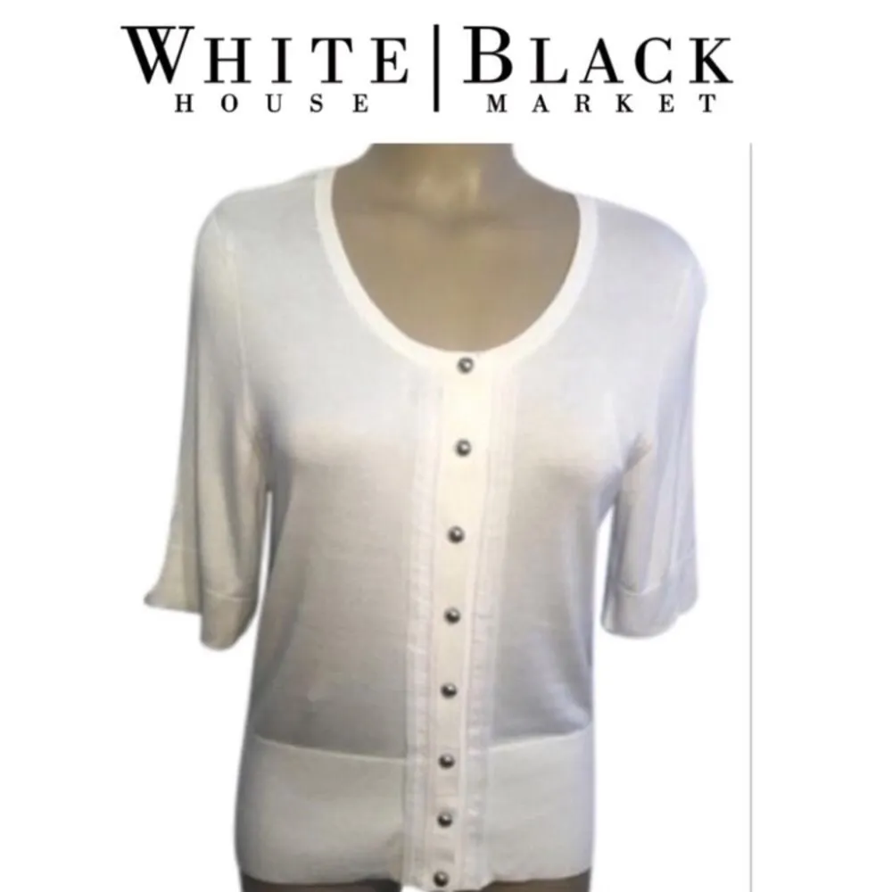 Ivory Knit Button Front Short Sleeve Sweater Top White House Black Market S - Image 7