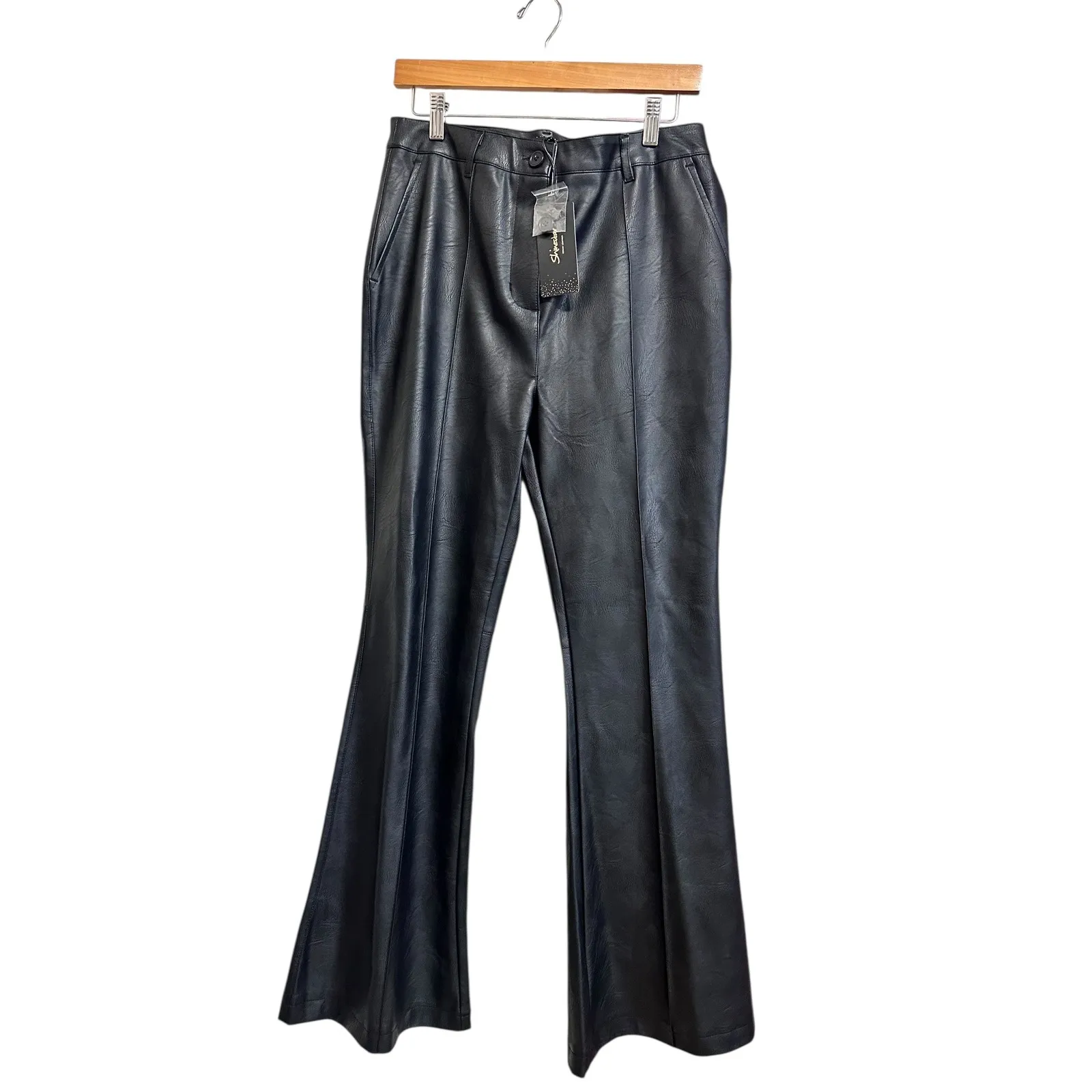 Shinesstar‎ Faux vegan Leather Flare Pants Women's Trousers Black Size L NEW Size L - Image 3