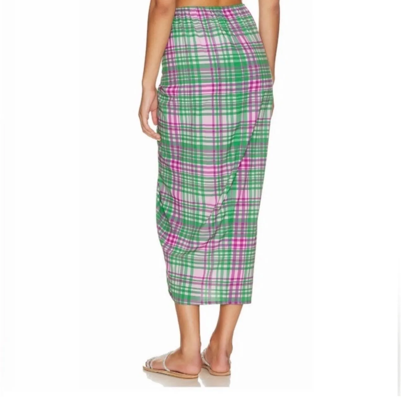 Revolve Plush Plaid Sarong Skirt in Pink and Green Multi Oversized XS NWT - Image 4
