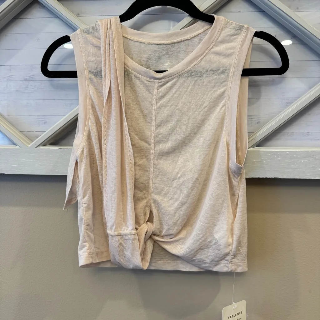 Fabletics Ryan Tie Up Crop Tank Womens Small Semi Sheer Slub Knit Beige NEW - Image 2