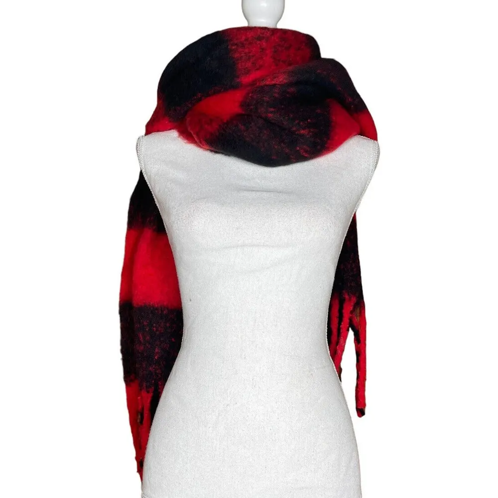 Steve Madden Red Black Buffalo Plaid Soft Wrap Scarf w/ Fringe 78 x 20" - Image 4