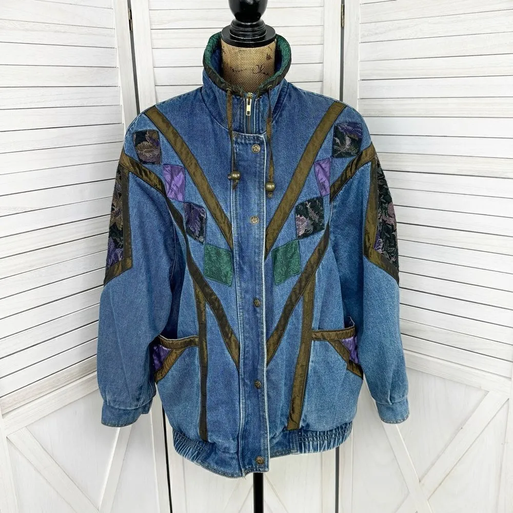 Current Seen Vintage 80s Patchwork Denim Coat Blue Medium Full Zip - Image 5