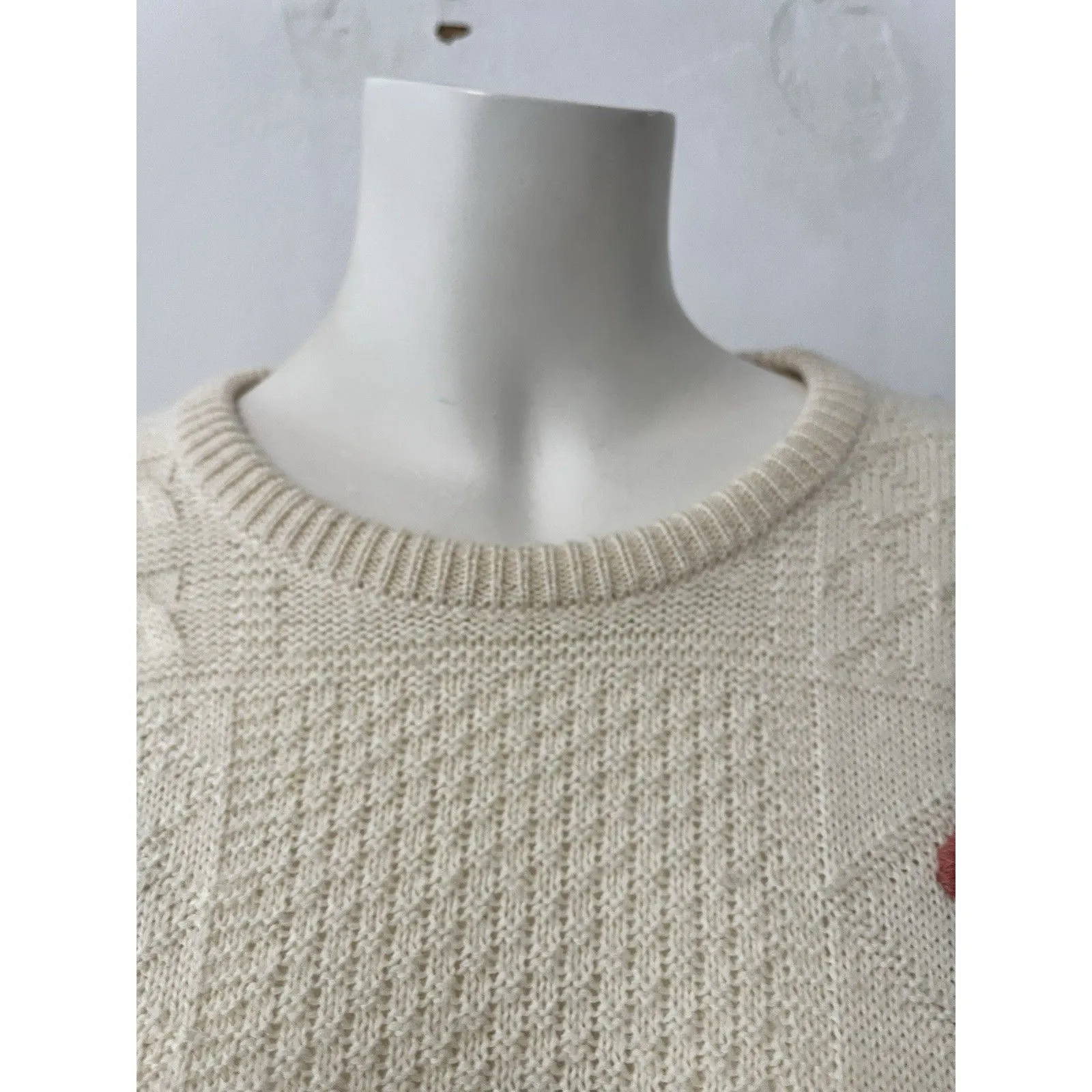 Yessiva Cream Floral Crochet Knit Embroidered Rustic Crew Neck Wool Sweater Med Yellow Size L - Image 4