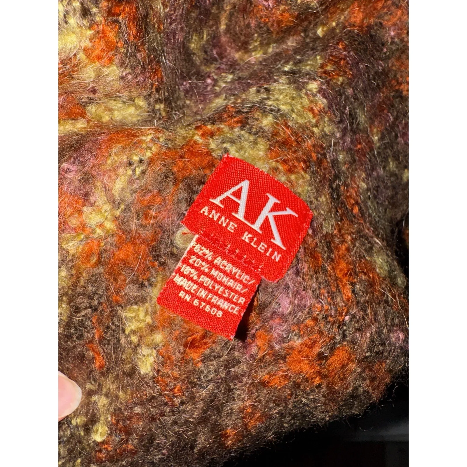 Vintage Anne Klein Wool Blend Fringe Scarf Abstract Fuzzy Made in France Retro - Image 5