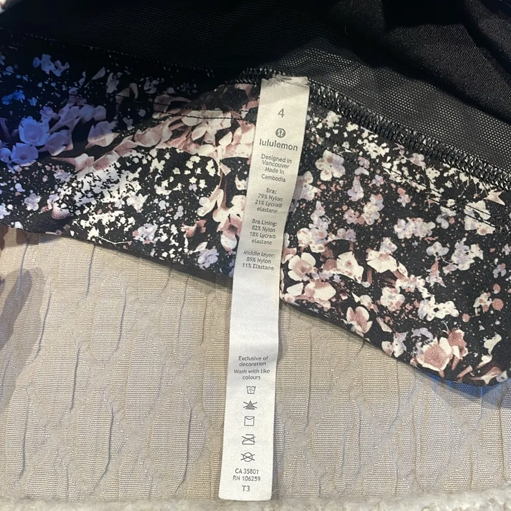 Lululemon Free to be Bra Long Line Black Pink Floral Spritz-Multi Size 4 - Image 5