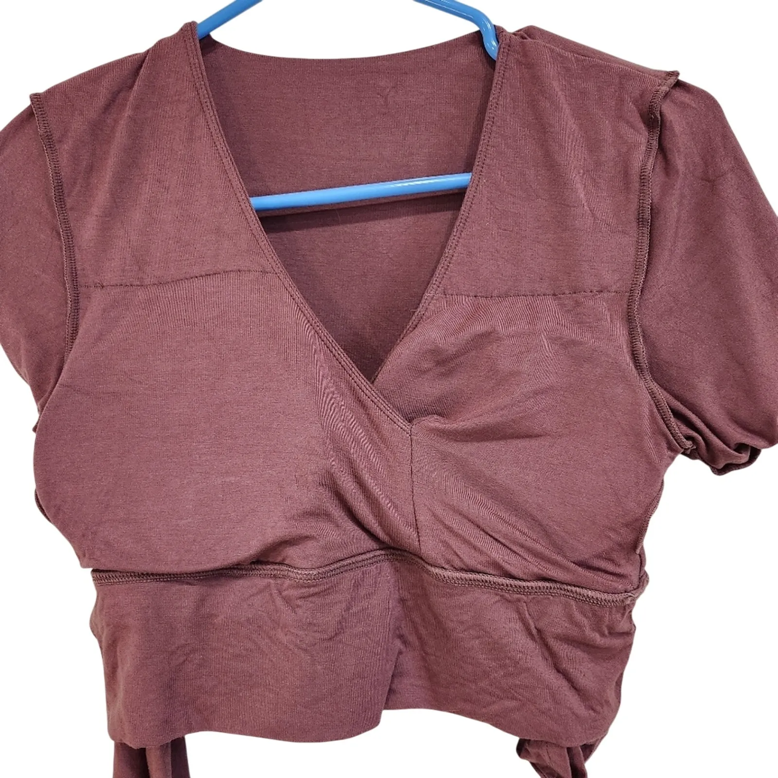 Klassy Network Surplice Long Sleeve Wrap Top Brown Built in Bra Basics Brami M - Image 5