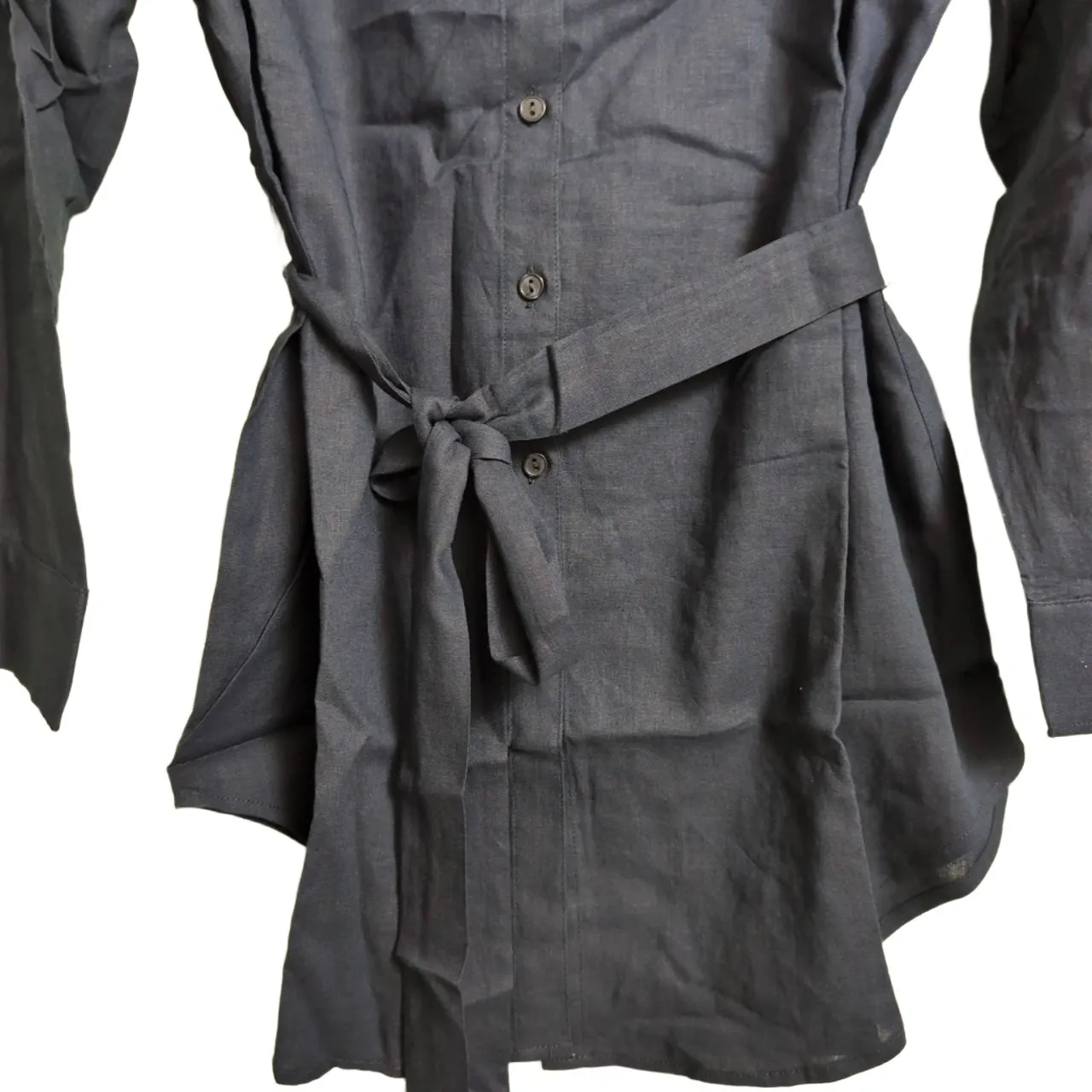 NWT Andie Button Up Linen Blend Navy Blue Tie Waist Long Sleeve Collared Shirt L - Image 3