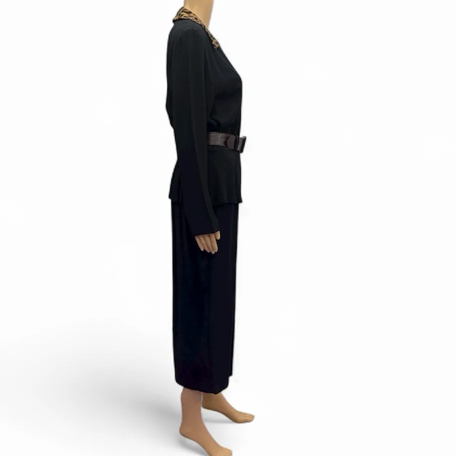 Vintage Studio 1 Black Leopard Collar Long Sleeve Belted Button Front Dress 10 - Image 2