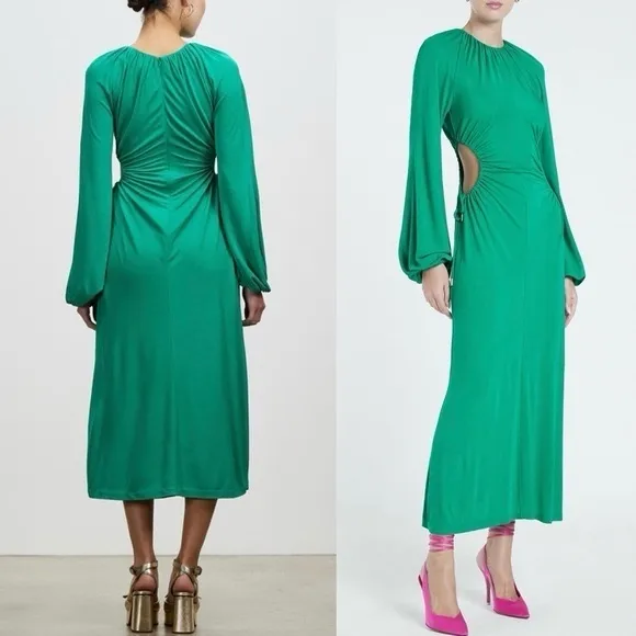 REBECCA VALLANCE Edie Ruched Tie Waist Cutout Long‎ Bell Sleeve Midi Dress - Image 7
