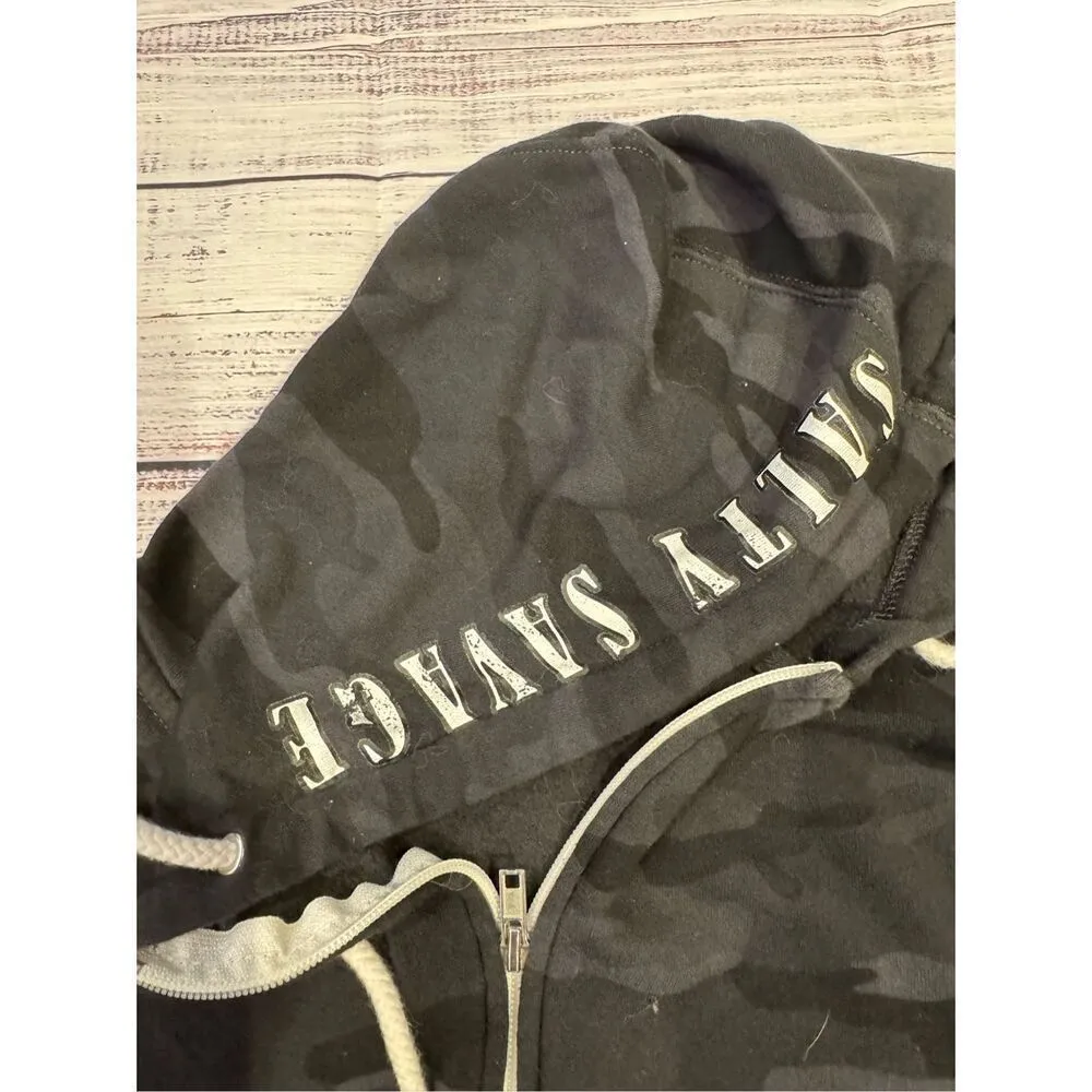 Salty Savage Unisex Full Zip Peace Skeleton Camo Print Hoodie Jacket Size Small Black - Image 3
