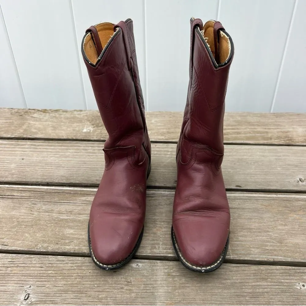 Vintage 80s Acme Boots Burgundy Roper Pull On Cowgirl Boots 7 1/2M Red Size 7.5 - Image 2