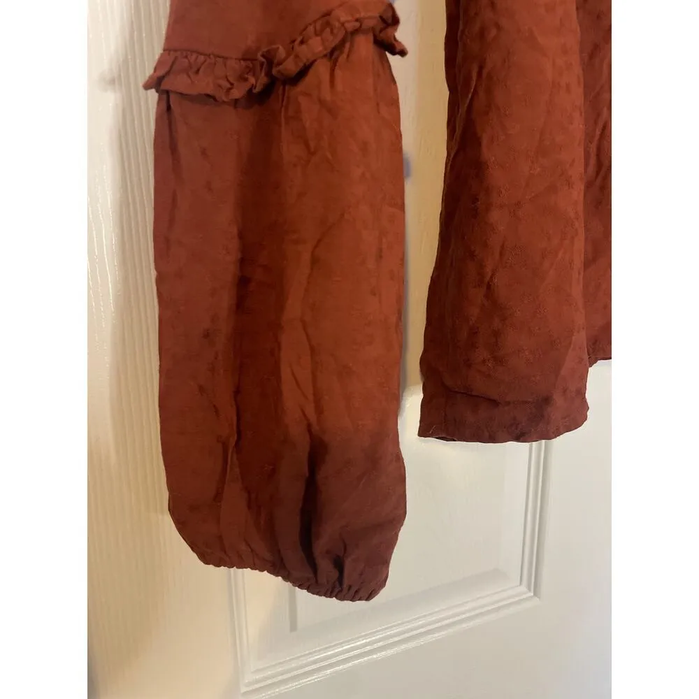Knox Rose Peasant Shirt Ruffle Sleeve V-Neck with Ribbon Closure Rusty Brown Med - Image 2