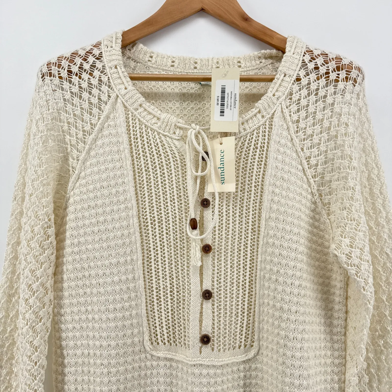 NWT Sundance Medora Cover Up Pearl White Linen Cotton Lace Up Crochet Medium - Image 4