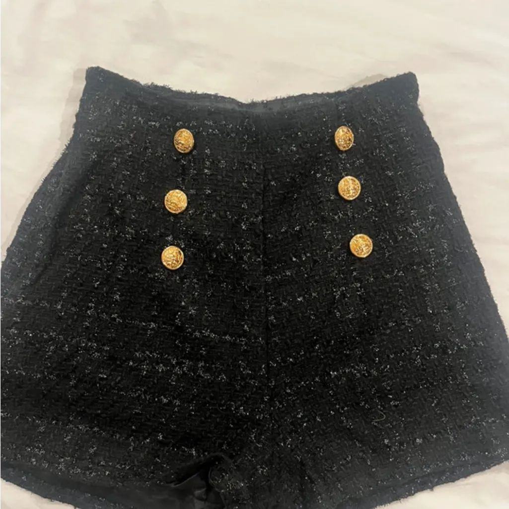 Sophisticated Black Tweed High Waist Shorts Size XS - Image 3