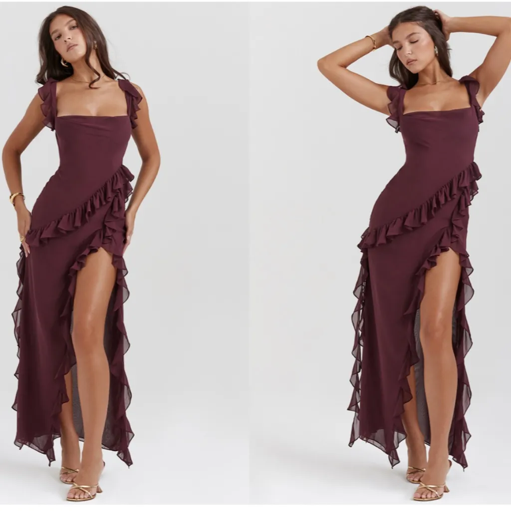 HOUSE OF CB ARIELA MULBERRY RUFFLE MAXI DRESS wine size XL NWOT‎ - Image 3