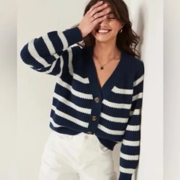 Gap shaker stitch Classic cotton navy /off white stripe knit cardigan sweater M - Image 12