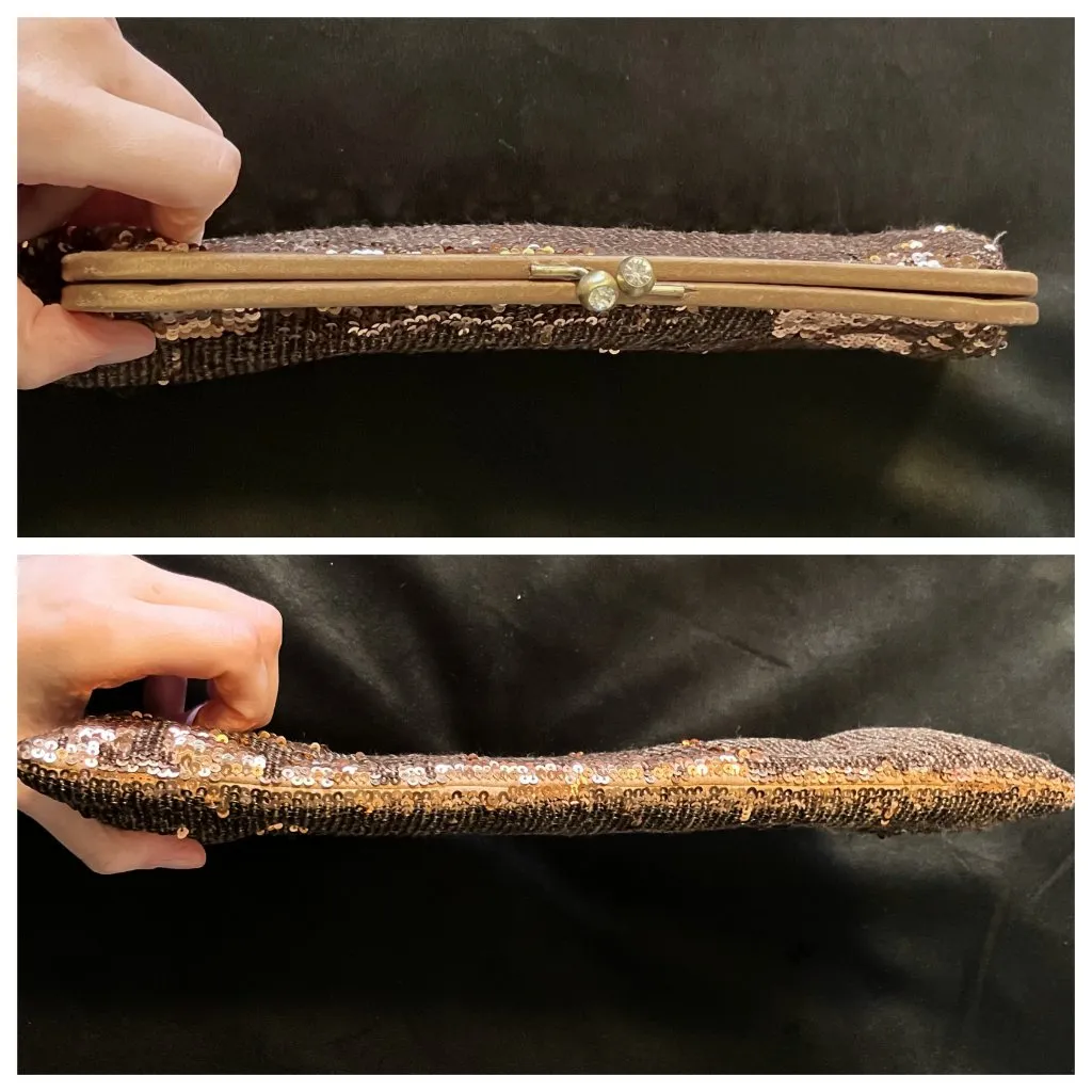 Vintage 90s Franchi Brown Sequin Kiss Lock Clutch Chain Strap Evening Bag Prom - Image 6