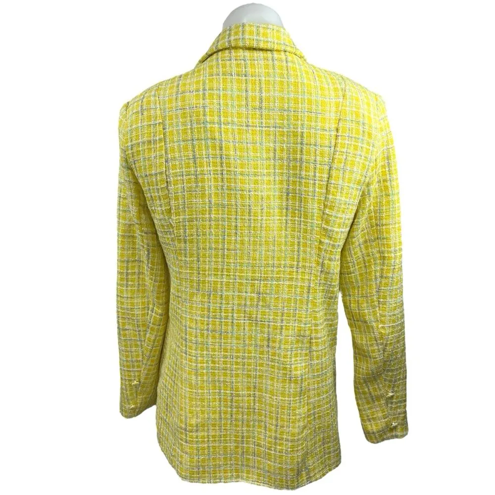 Fate Womens Yellow Double Breasted Plaid Tweed Career Business Blazer Jacket S - Image 2
