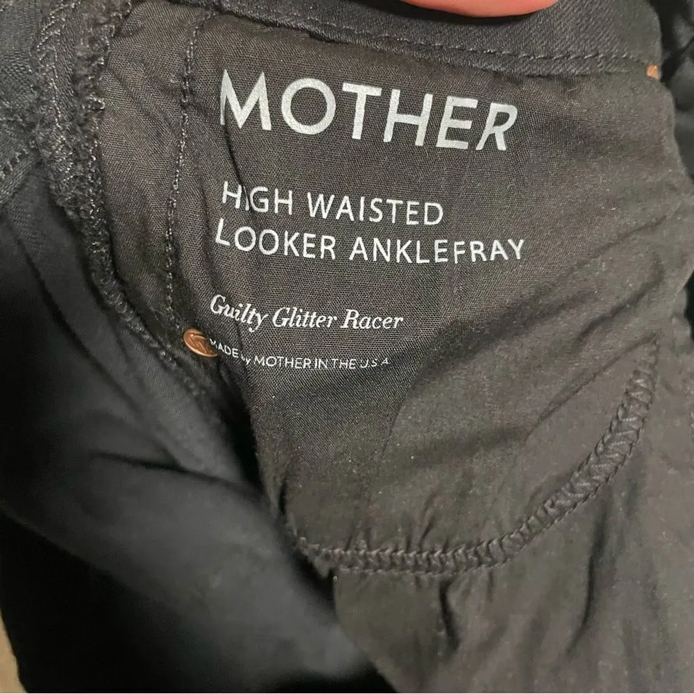 MOTHER High Waisted Looker Ankle Fray Jeans in Guilty Glitter Racer Size 29 Black - Image 5
