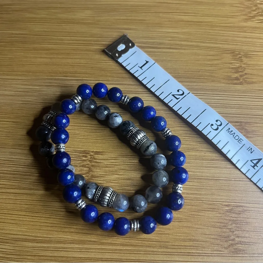 Healing Gem Stone Blue and Gray Beaded Bracelet Set - Image 3