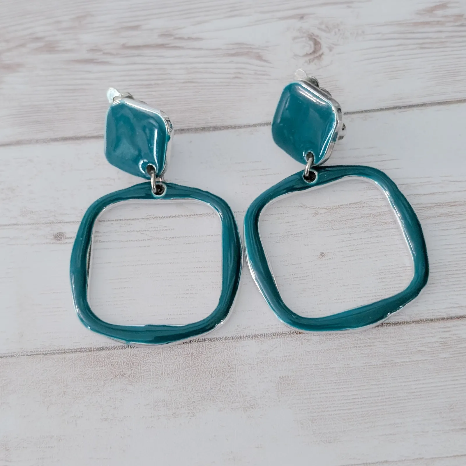 Vintage Clip On Earrings Extra Large Teal Dangle Retro Statement Light Weight - Image 4