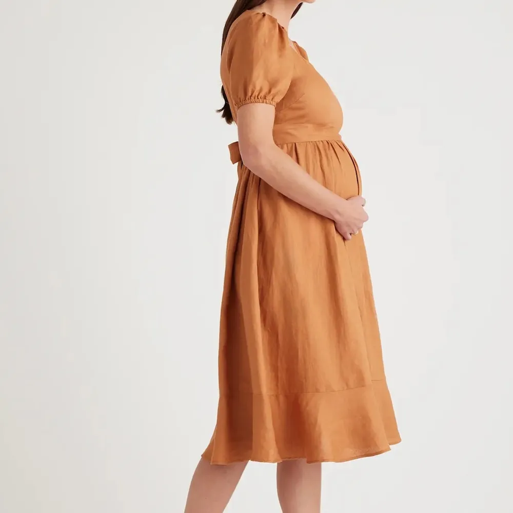 Quince 100% European linen maternity midi dress terracotta Thanksgiving NO BELT - Image 5