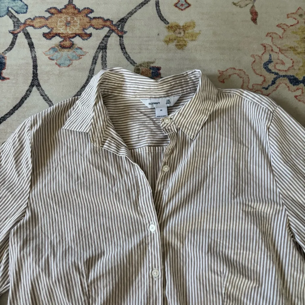 Old Navy The Slim Shirt Tan Pin Striped Collared Top Office Siren Medium - Image 2