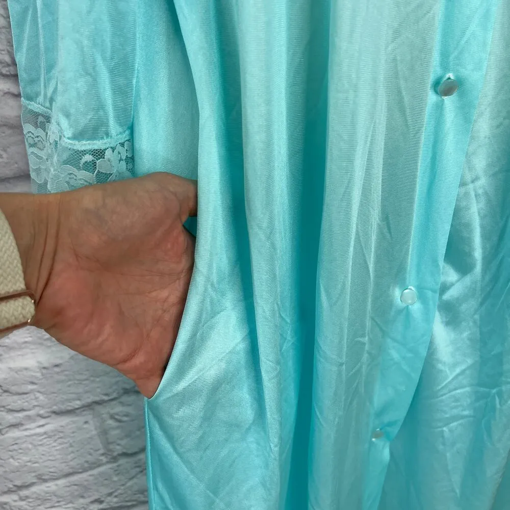 Vintage Gilead Nylon Robe Housecoat Sz S Silky Lace Button Teal Blue 3/4 Sleeve - Image 2