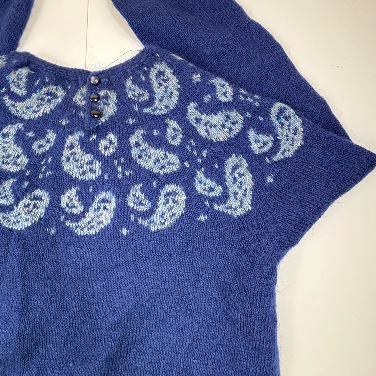 Vintage Northern Isles Skipper Blue Fair Isle Paisley Knit Sweater Size S - Image 13